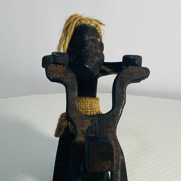 Rare Primitive Java Man on Motorcycle Wooden Carving and Jute Tribal Sculpture - Picture 4 of 17